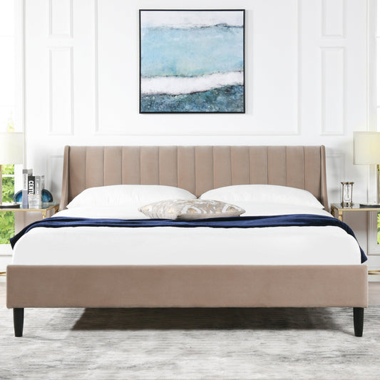 Aspen Vertical Tufted Headboard Platform Bed Set, King, Mink Beige Performance Velvet