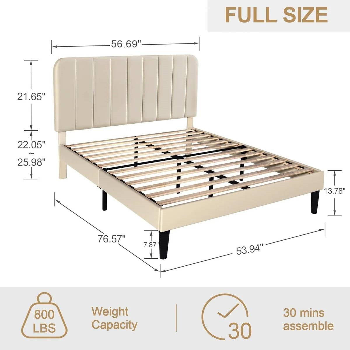 Beige Upholstered Platform Bed Frame with Headboard