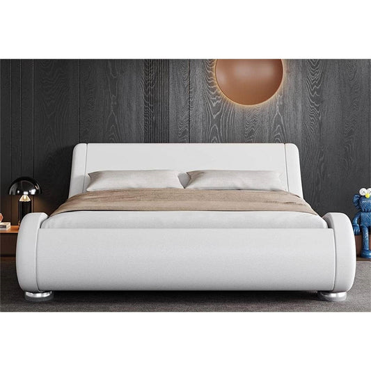 White Modern Platform Bed Frame with Sleigh Curved Headboard