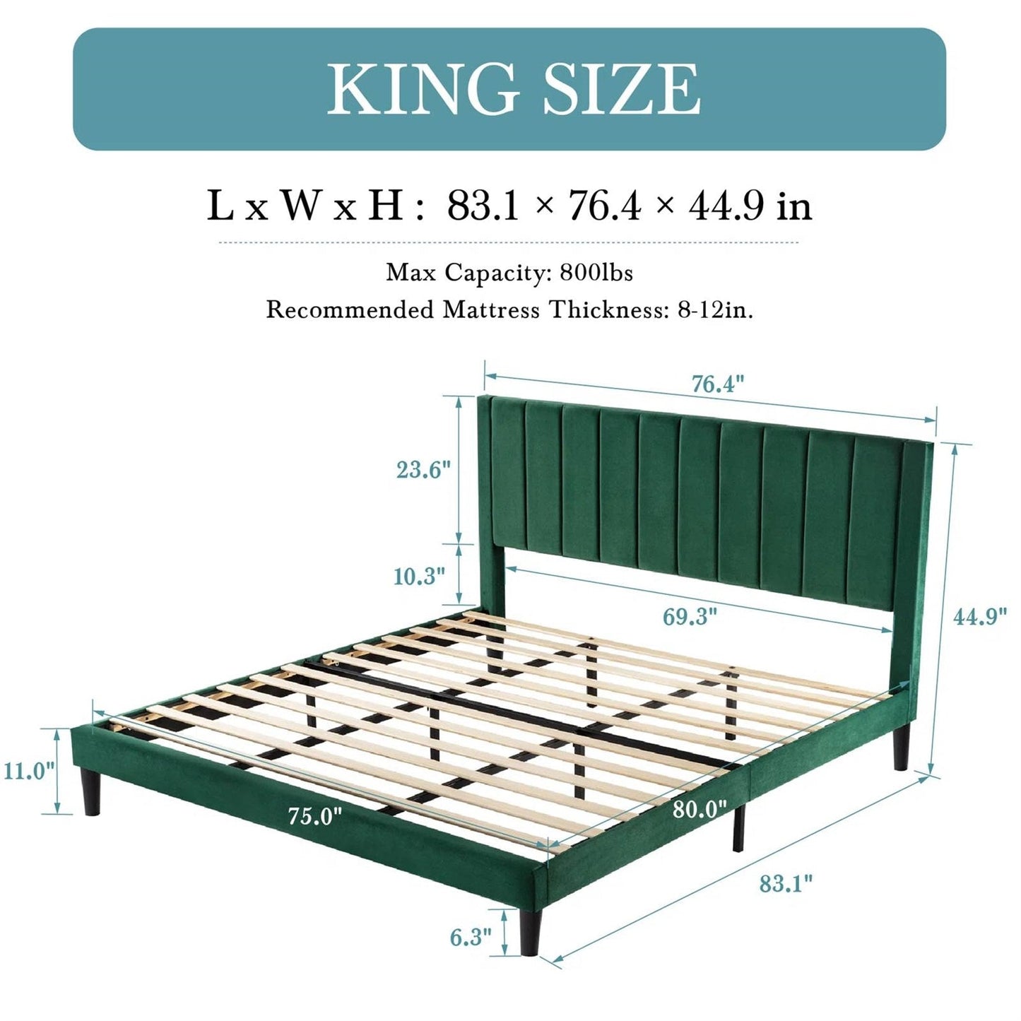 Green Velvet Platform Bed Frame with Headboard