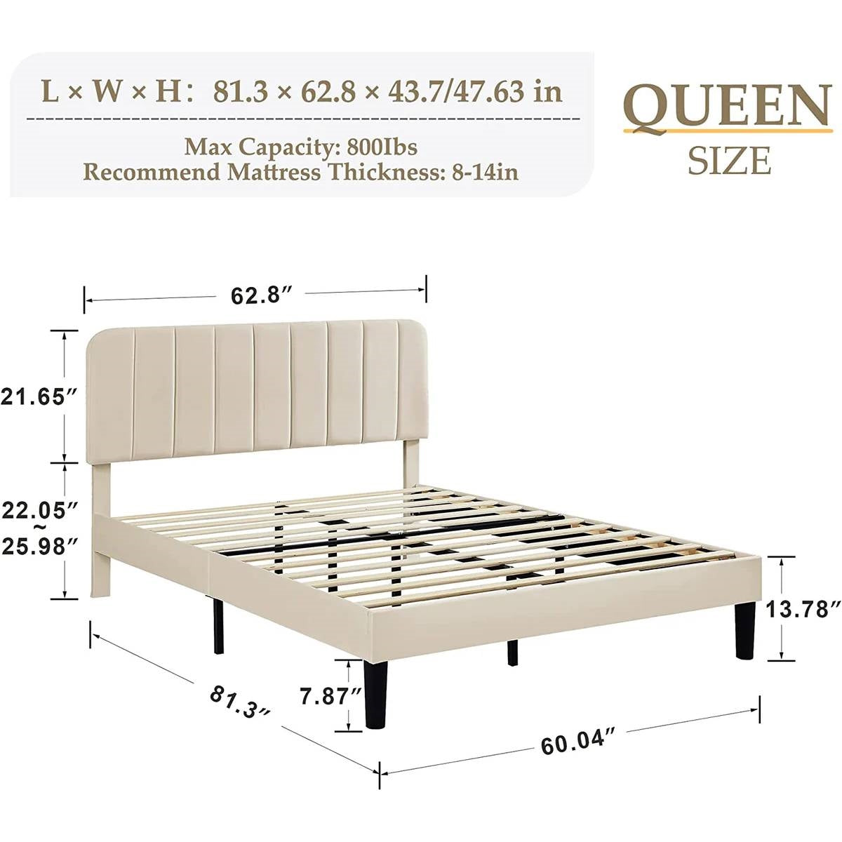 Beige Upholstered Platform Bed Frame with Headboard