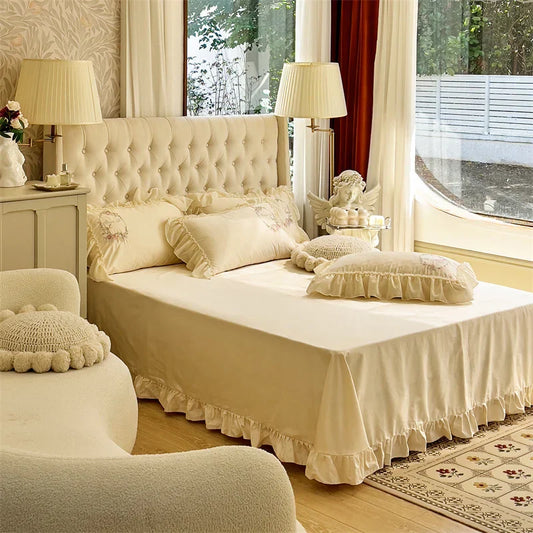 DecorBites™ Beige Pink Lace Embroidery Bedding Set Egyptian Cotton Quilt Duvet Cover Sheet