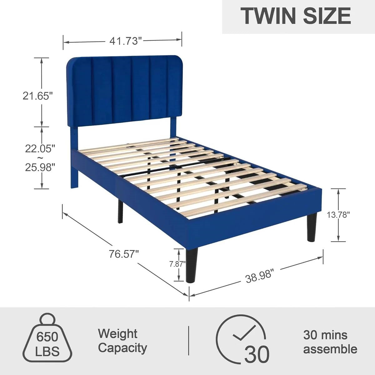 Blue Upholstered Platform Bed Frame with Headboard