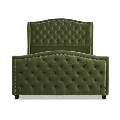 Marcella Upholstered Shelter Headboard Bed Set, Queen, Olive Green Performance Velvet