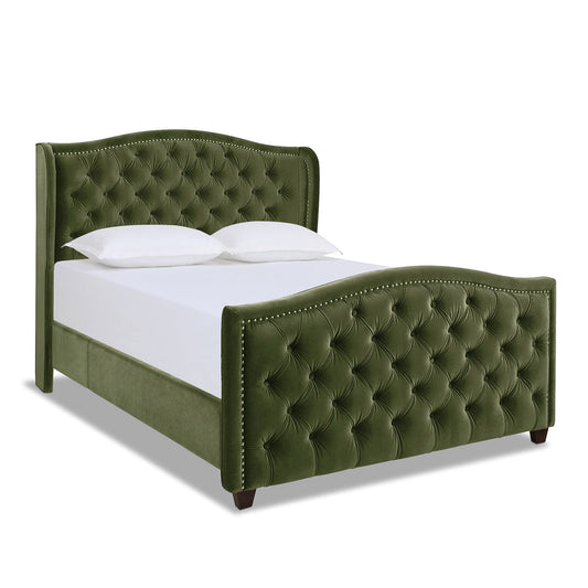 Marcella Upholstered Shelter Headboard Bed Set, Queen, Olive Green Performance Velvet