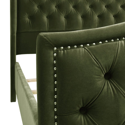 Marcella Upholstered Shelter Headboard Bed Set, Queen, Olive Green Performance Velvet