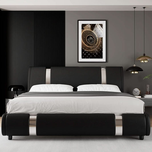 Queen Faux Leather Bed Frame With Adjustable Headboard