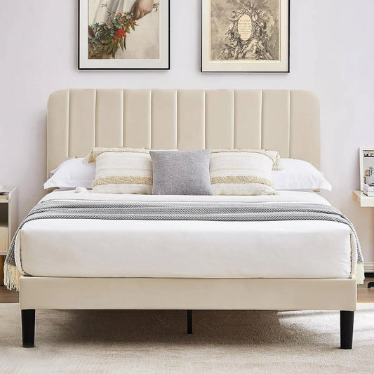 Beige Upholstered Platform Bed Frame with Headboard