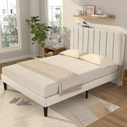 Beige Upholstered Platform Bed Frame with Headboard