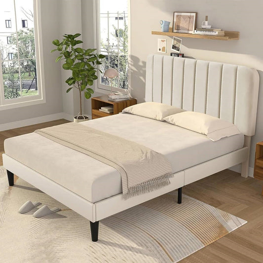 Beige Upholstered Platform Bed Frame with Headboard