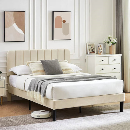 Beige Upholstered Platform Bed Frame with Headboard