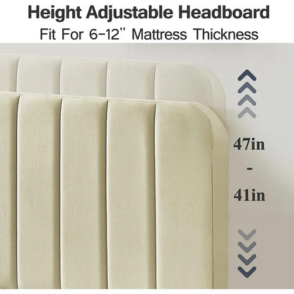 Beige Upholstered Platform Bed Frame with Headboard