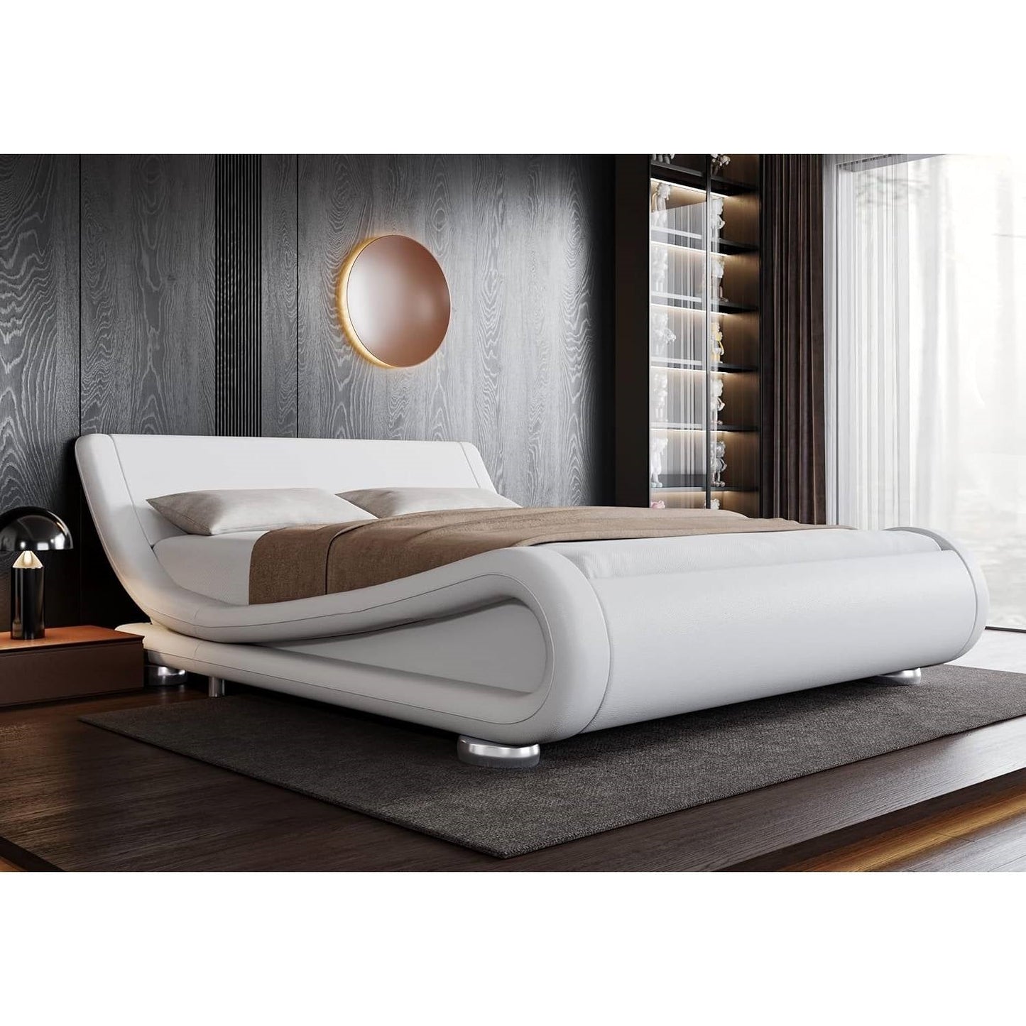 White Modern Platform Bed Frame with Sleigh Curved Headboard
