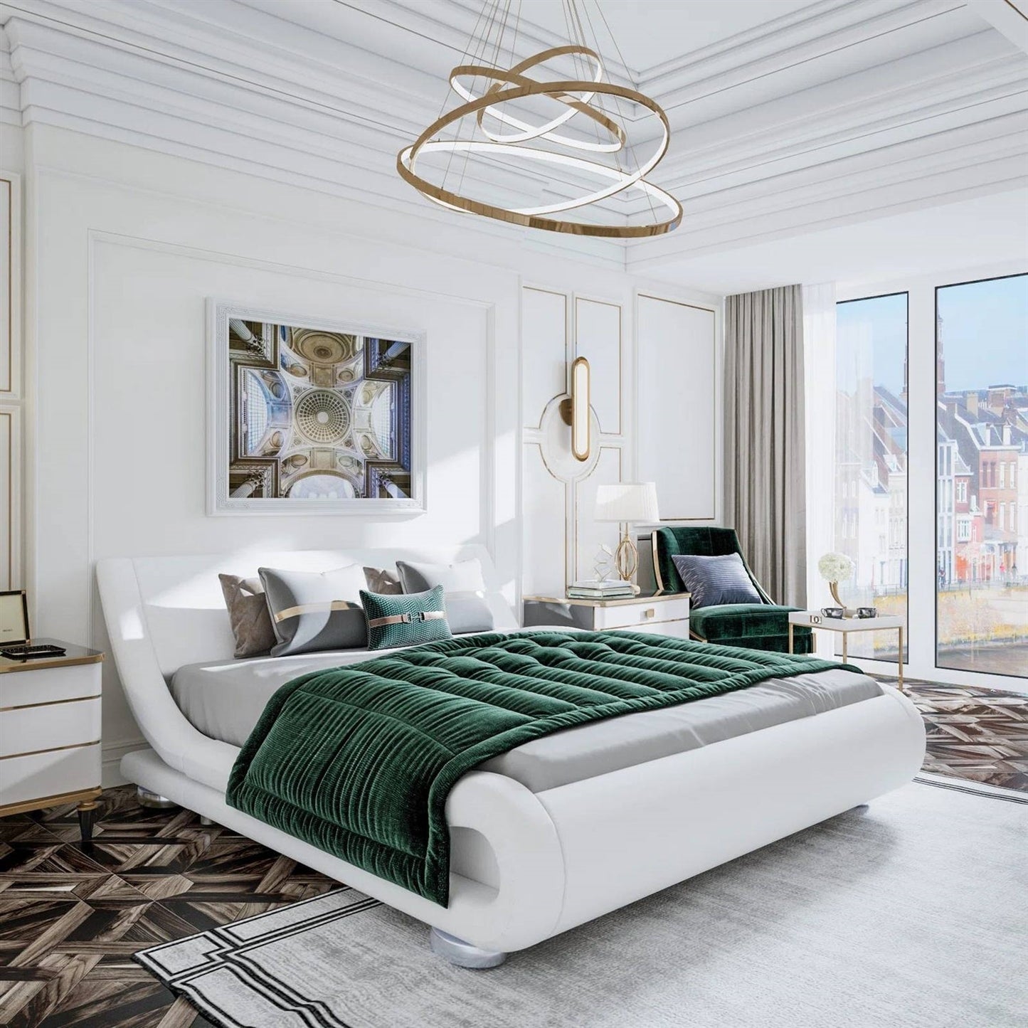 White Modern Platform Bed Frame with Sleigh Curved Headboard