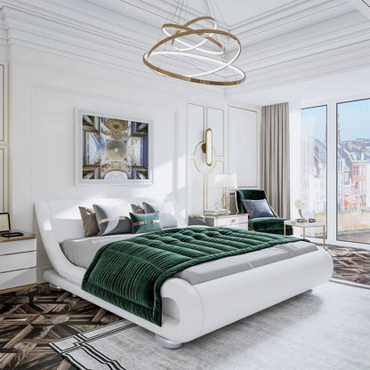 White Modern Platform Bed Frame with Sleigh Curved Headboard