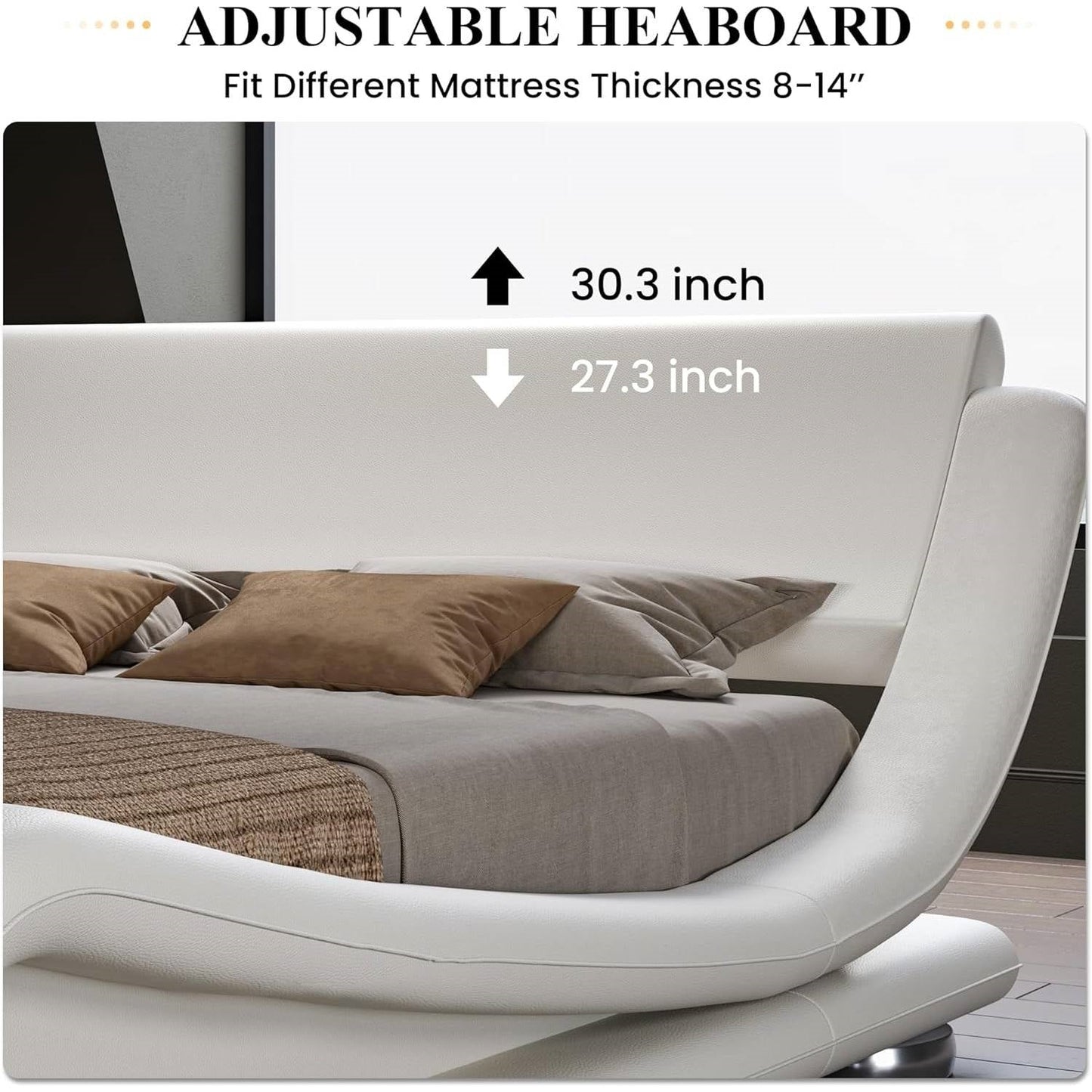 White Modern Platform Bed Frame with Sleigh Curved Headboard