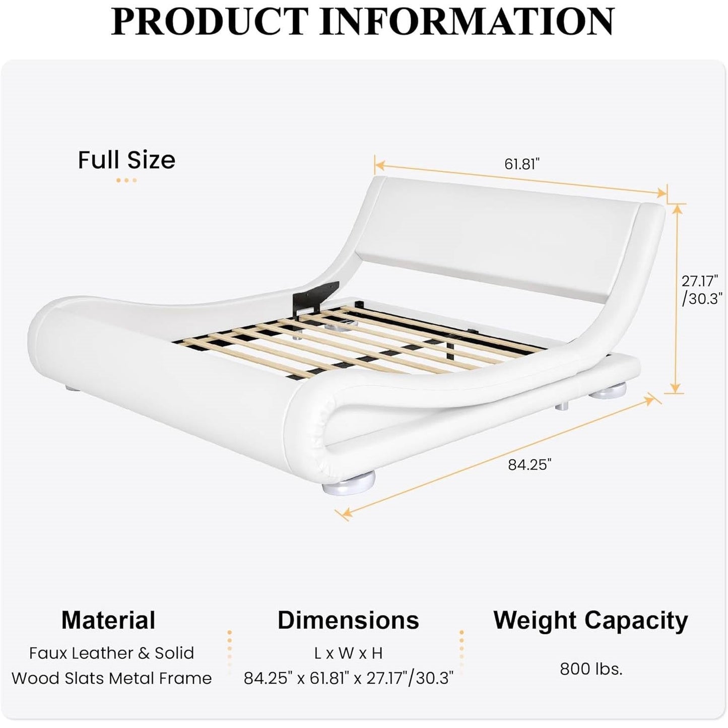 White Modern Platform Bed Frame with Sleigh Curved Headboard