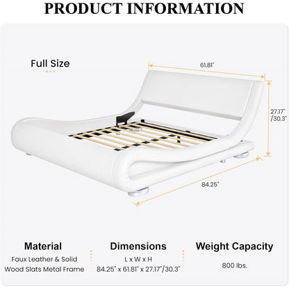 White Modern Platform Bed Frame with Sleigh Curved Headboard