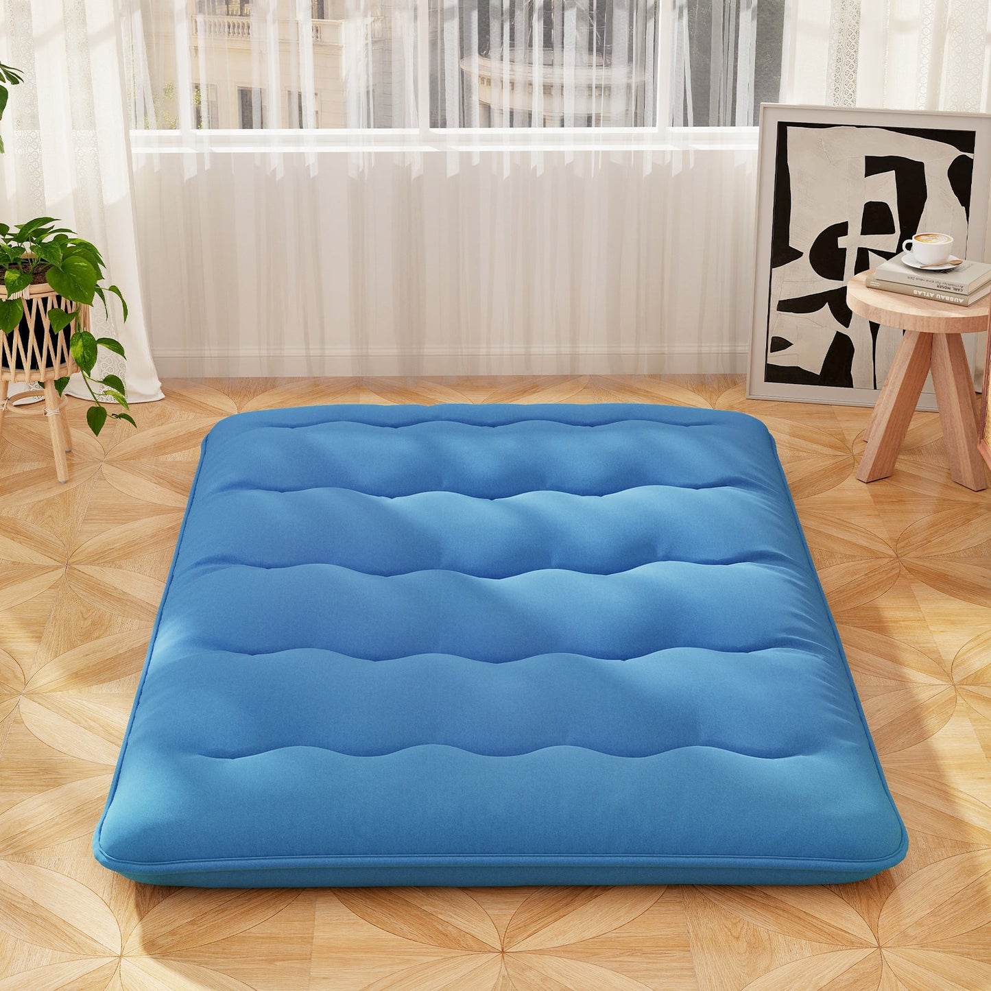 Foldable Futon Mattress with Washable Cover and Carry Bag for Camping Blue-Full Size
