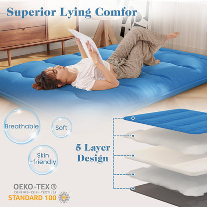 Foldable Futon Mattress with Washable Cover and Carry Bag for Camping Blue-Full Size