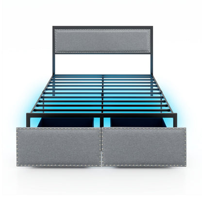 Full/Queen/Twin Size Bed Frame with LED Lights Drawer and Metal Slats-Full Size
