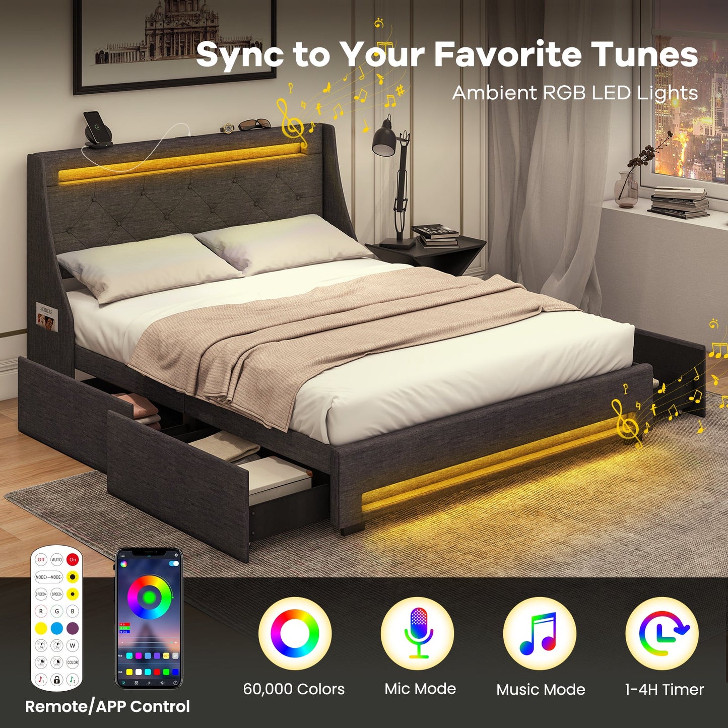 Full Size Bed Frame with LED Lights Wingback Headboard and Charging Station-Grey