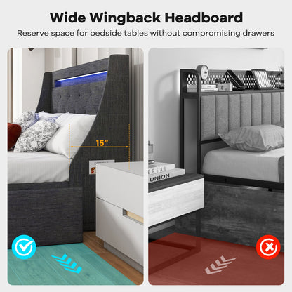 Full Size Bed Frame with LED Lights Wingback Headboard and Charging Station-Grey