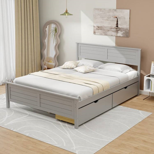 Full Size Grey Platform Bed Frame with Storage Drawers