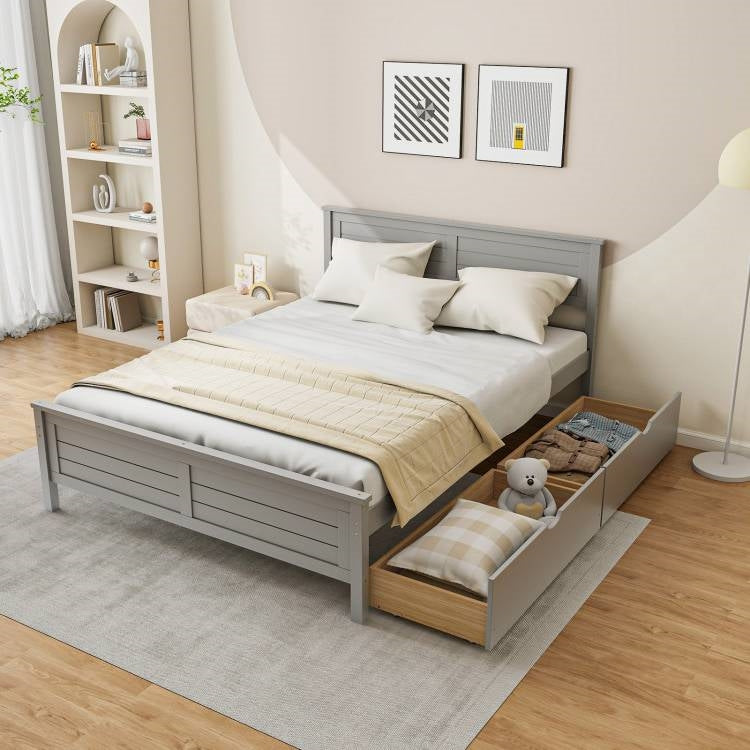 Full Size Grey Platform Bed Frame with Storage Drawers