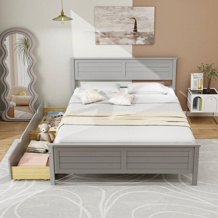 Full Size Grey Platform Bed Frame with Storage Drawers