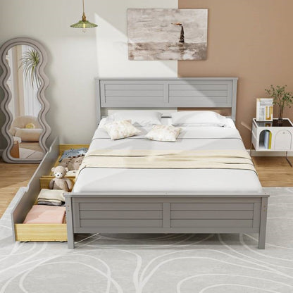 Full Size Grey Platform Bed Frame with Storage Drawers