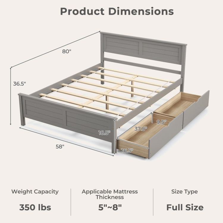 Full Size Grey Platform Bed Frame with Storage Drawers
