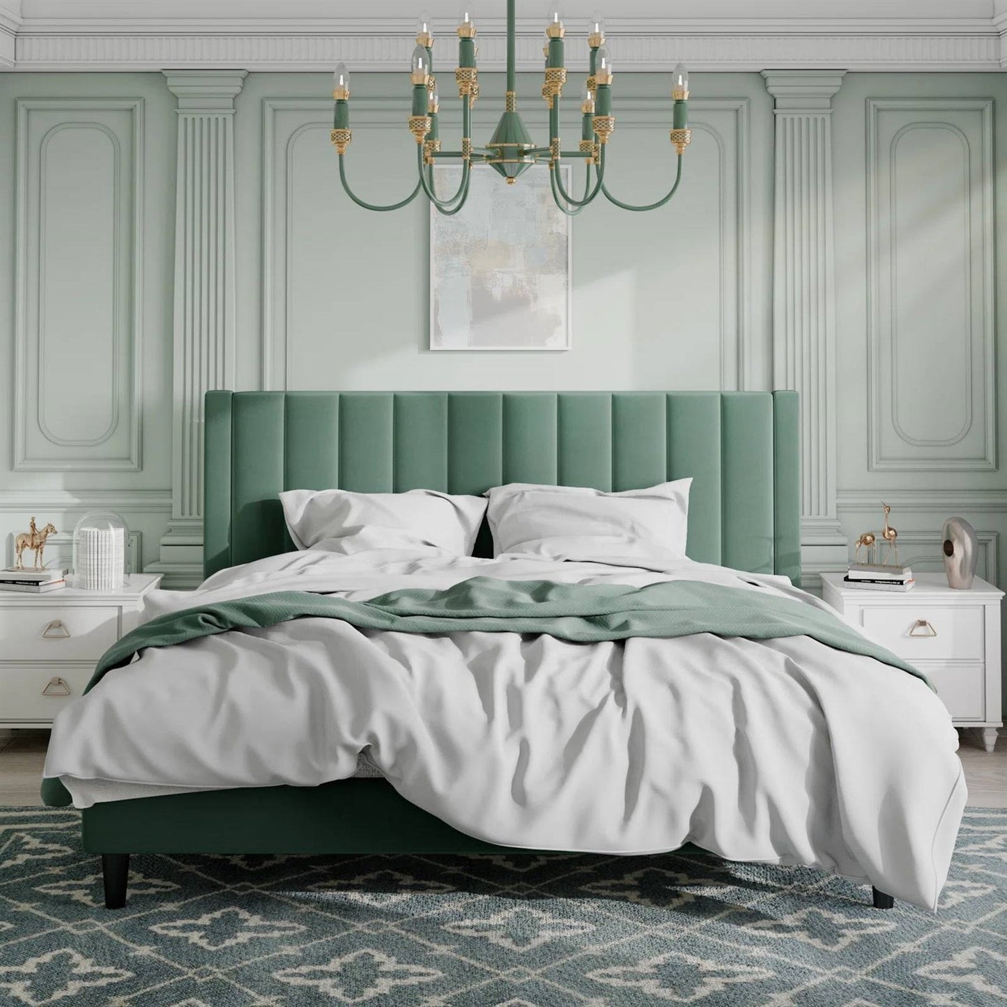 Modern Green Velvet Upholstered Platform Bed with Headboard