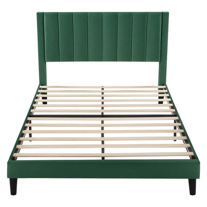 Queen size Modern Green Velvet Upholstered Platform Bed with Headboard