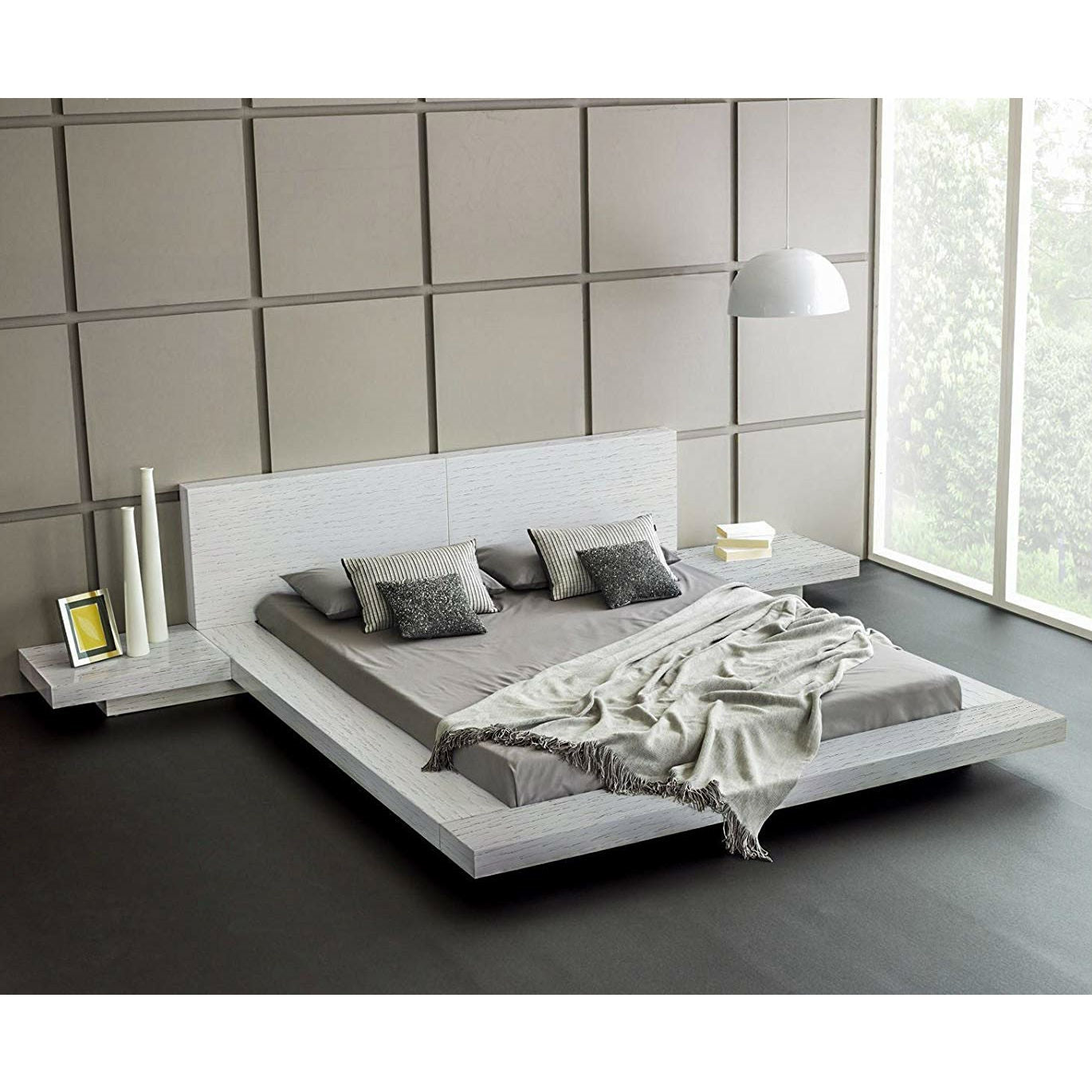 White Modern Platform Bed with Headboard and 2 Nightstands