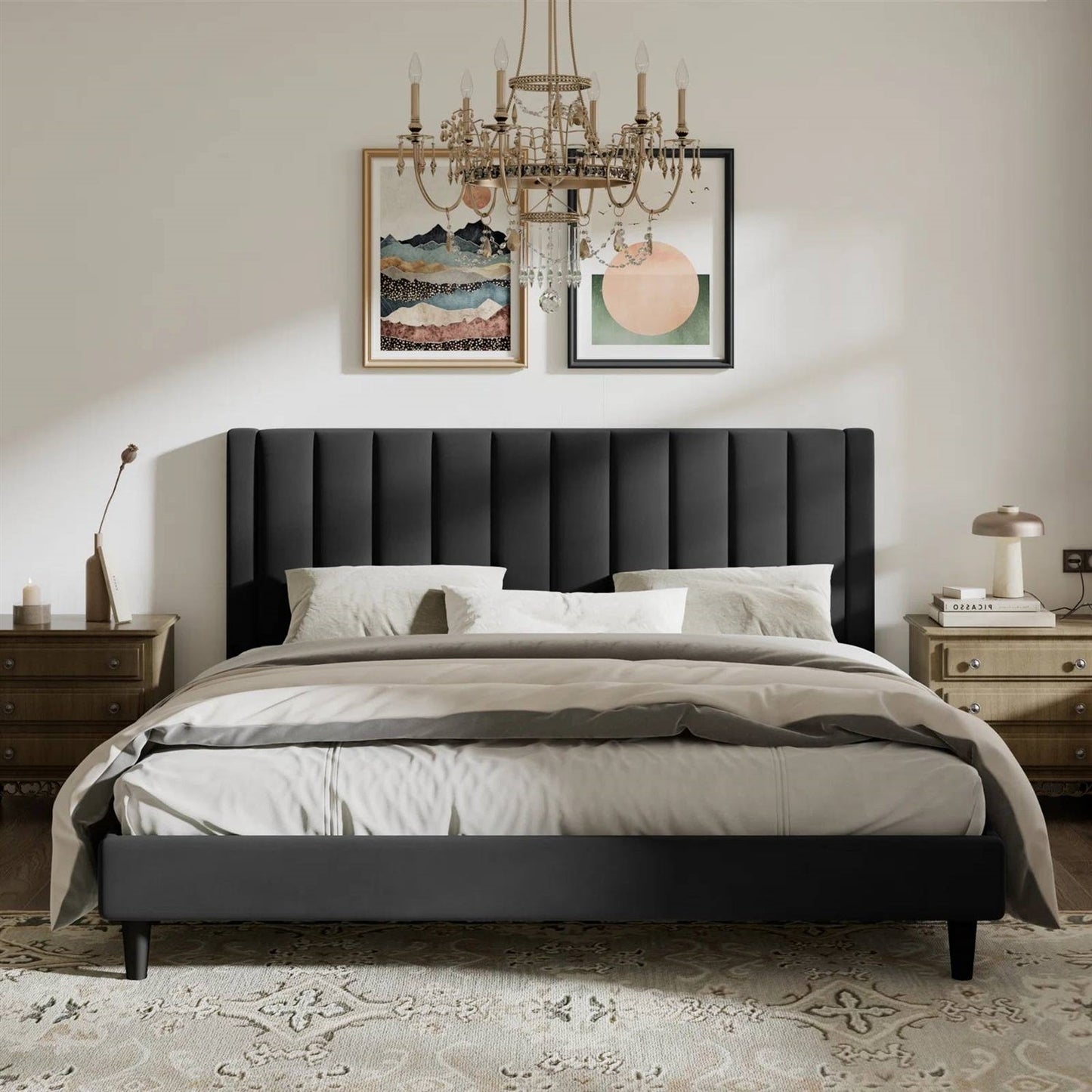 Black Velvet Upholstered Platform Bed Frame with Headboard