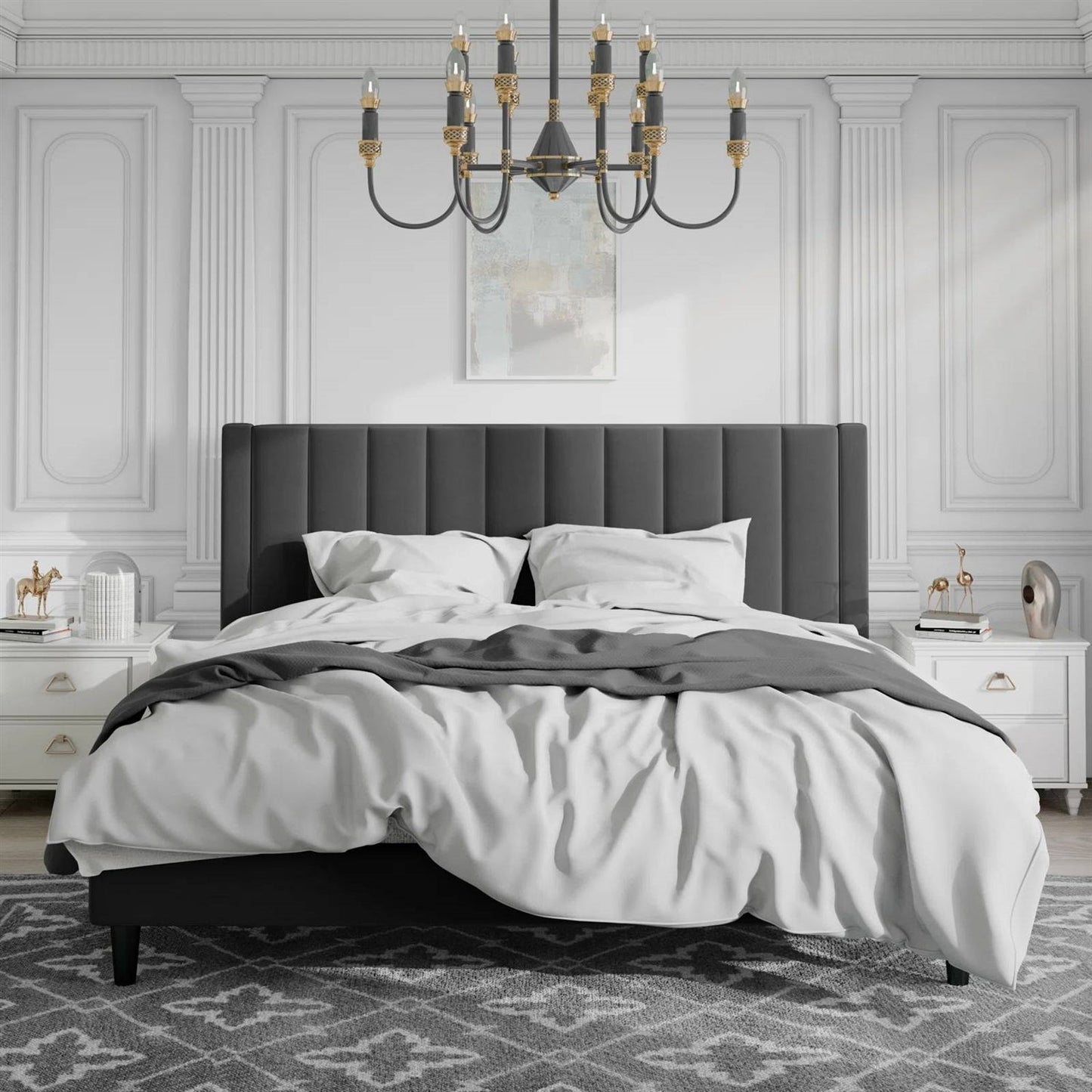 Black Velvet Upholstered Platform Bed Frame with Headboard