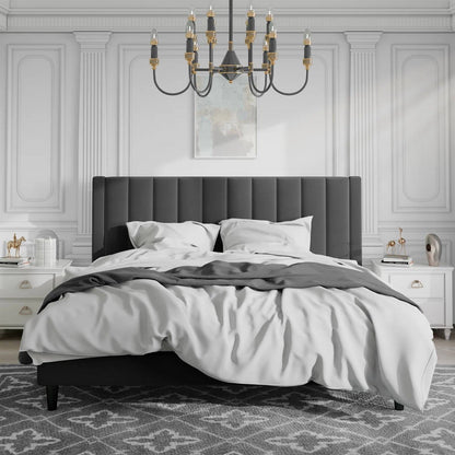 Black Velvet Upholstered Platform Bed Frame with Headboard