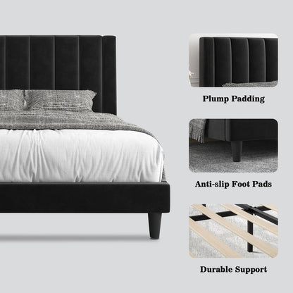 Black Velvet Upholstered Platform Bed Frame with Headboard