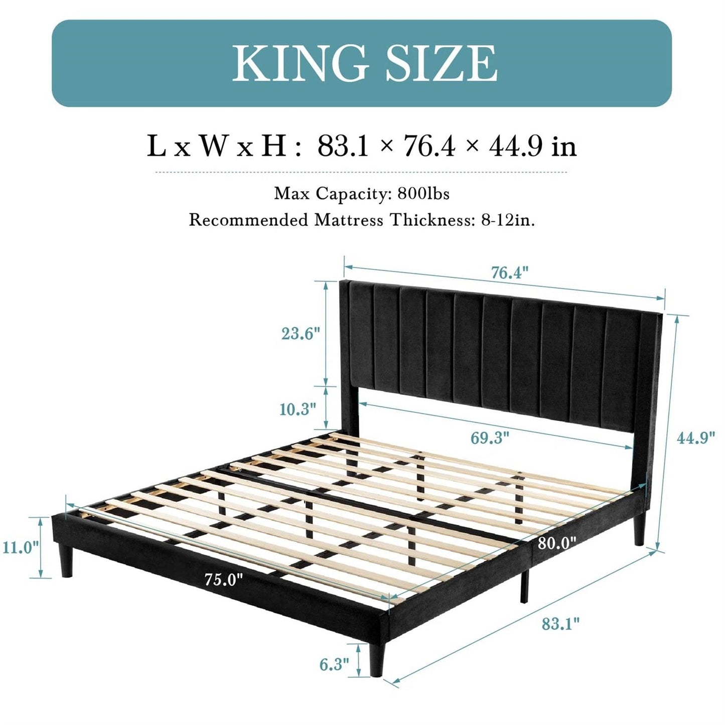 Black Velvet Upholstered Platform Bed Frame with Headboard