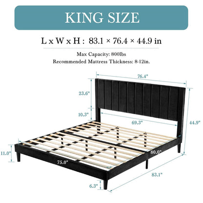 Black Velvet Upholstered Platform Bed Frame with Headboard