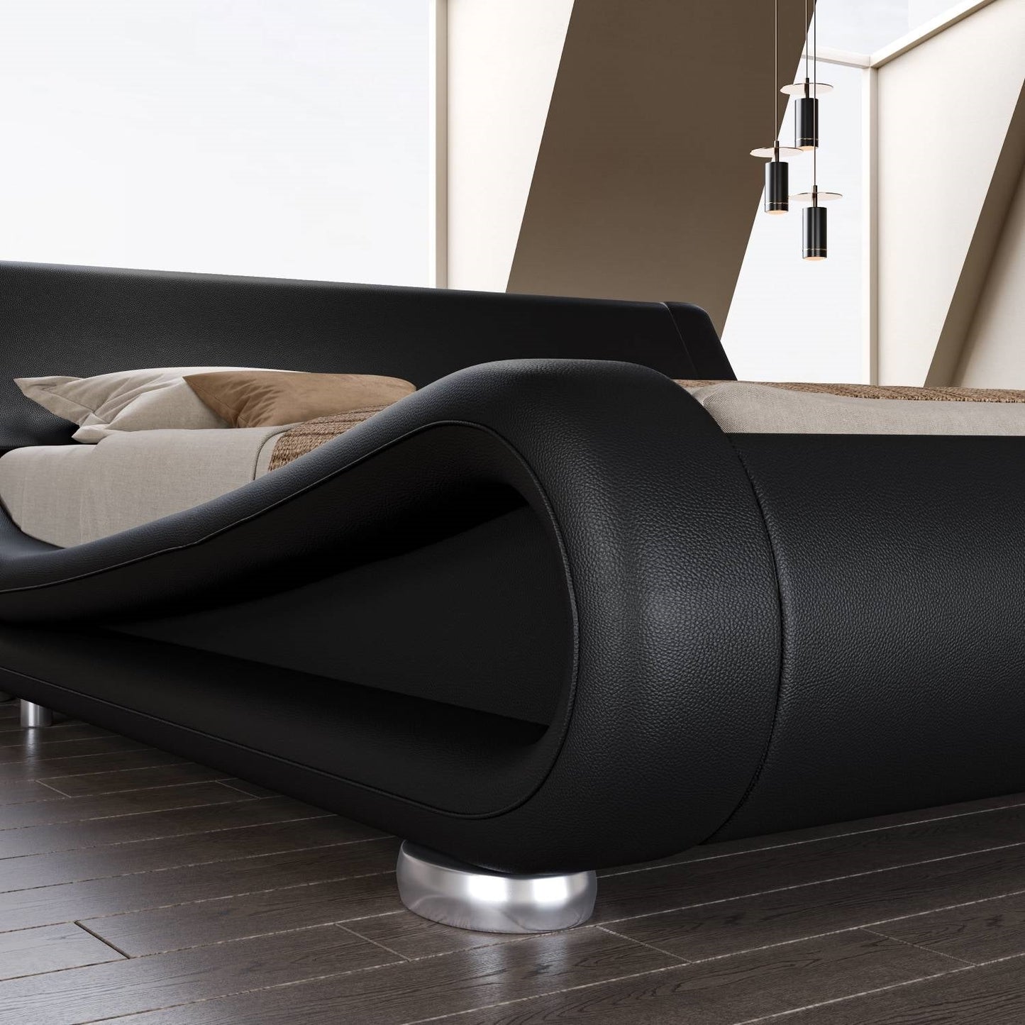 Modern Black Upholstered Platform Bed Frame with Sleigh Curved Headboard