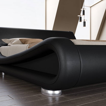 Modern Black Upholstered Platform Bed Frame with Sleigh Curved Headboard