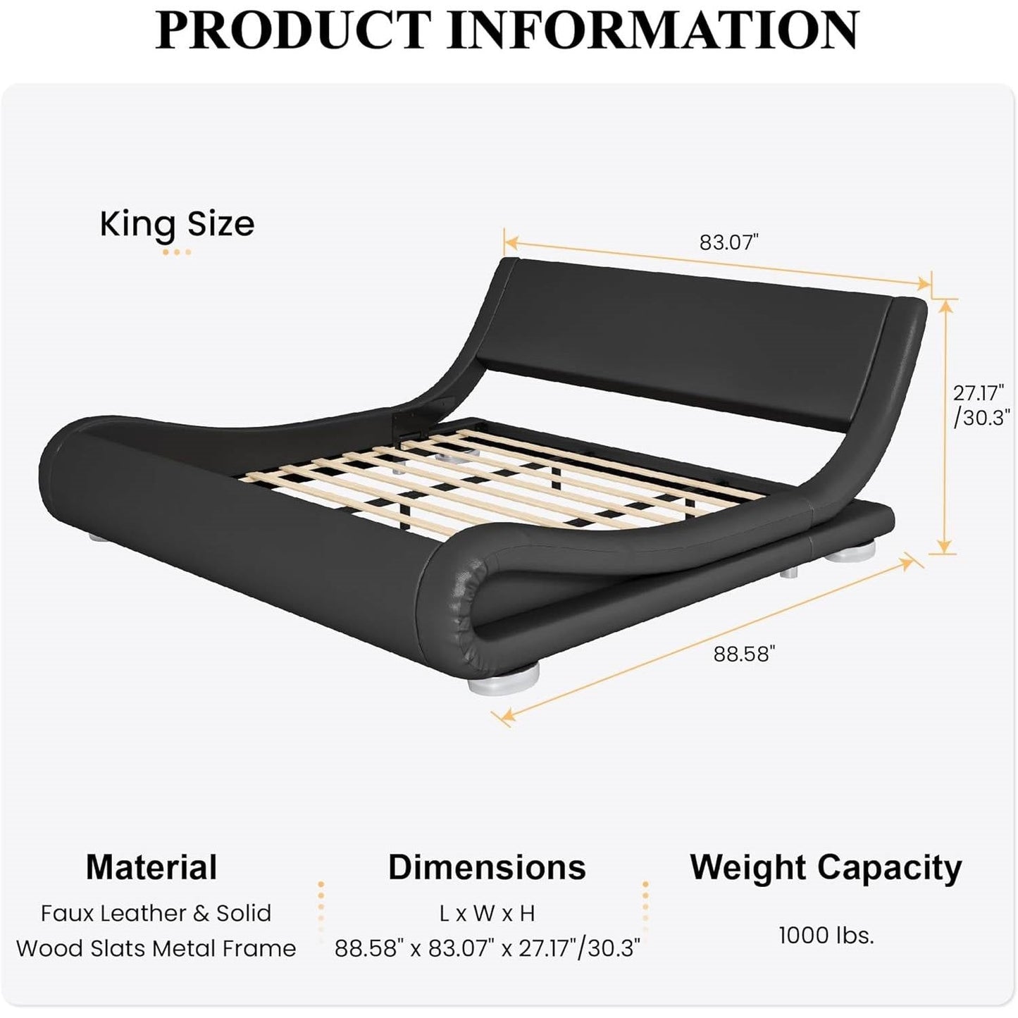 Modern Black Upholstered Platform Bed Frame with Sleigh Curved Headboard