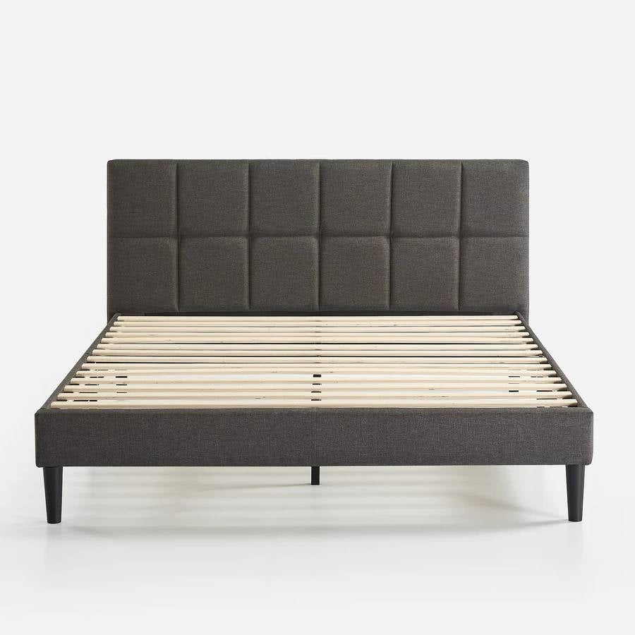 Grey Upholstered Platform Bed Frame with Padded Headboard