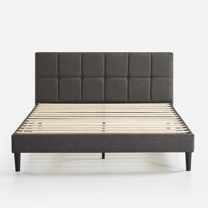 Grey Upholstered Platform Bed Frame with Padded Headboard