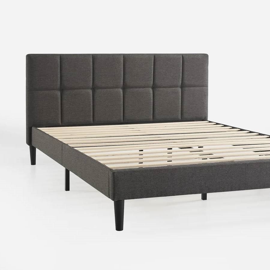 Grey Upholstered Platform Bed Frame with Padded Headboard