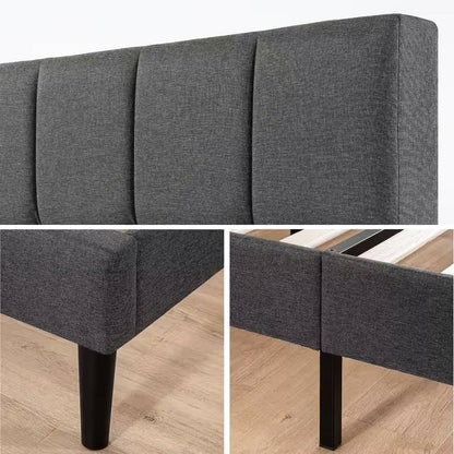 Grey Upholstered Platform Bed Frame with Padded Headboard