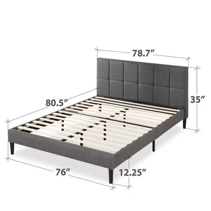 Grey Upholstered Platform Bed Frame with Padded Headboard