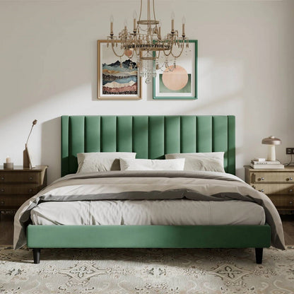 Green Velvet Platform Bed Frame with Headboard